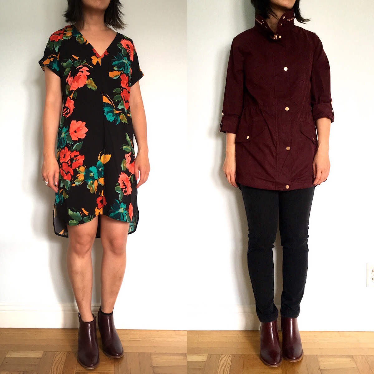 side by side photos of me, a petite woman, wearing a short sleeve floral shift dress, and a maroon anorak