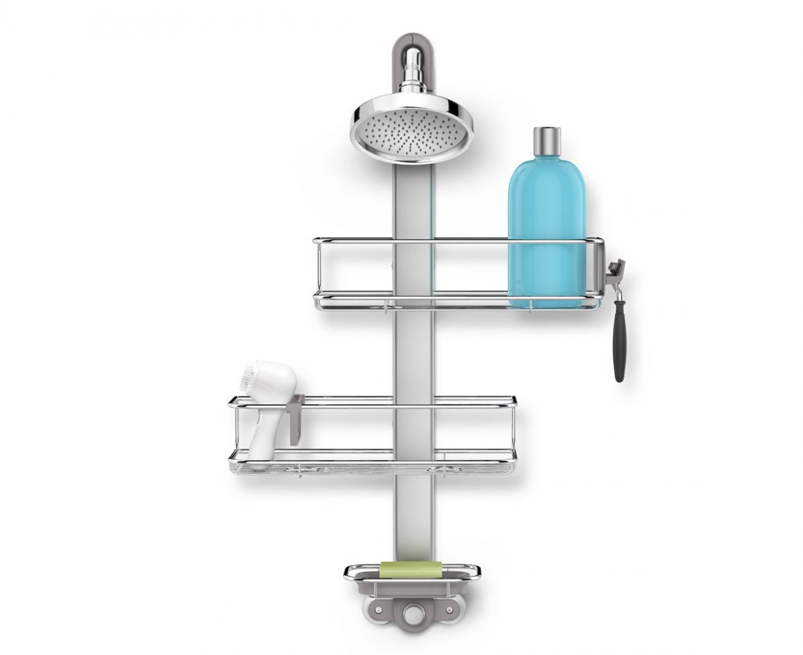Simple Human adjustable shower caddy with two shelves and a soap dish.
