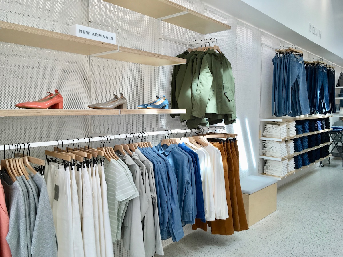 Shelving and racks of clothing at the Everlane store in San Francisco.