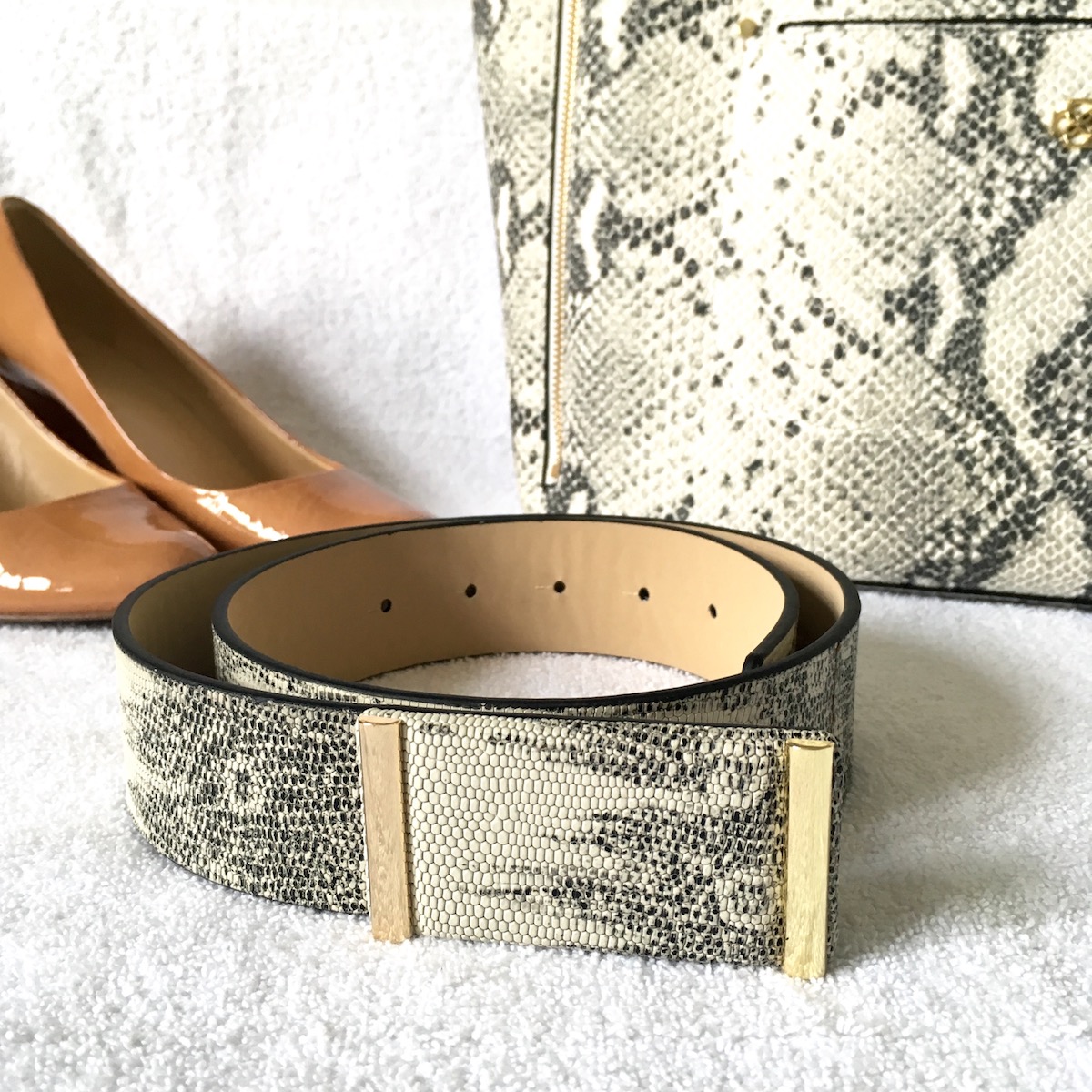 A snakeskin patterend belt in the front, with shoes and a matching bag in the background.