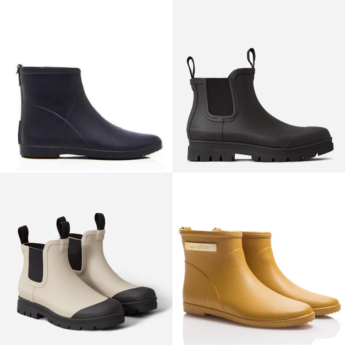 Everlane vs Alice + Whittles ethical rain boots: Stock photos of four pairs of rain boots, one in each quardrant of the square image.
