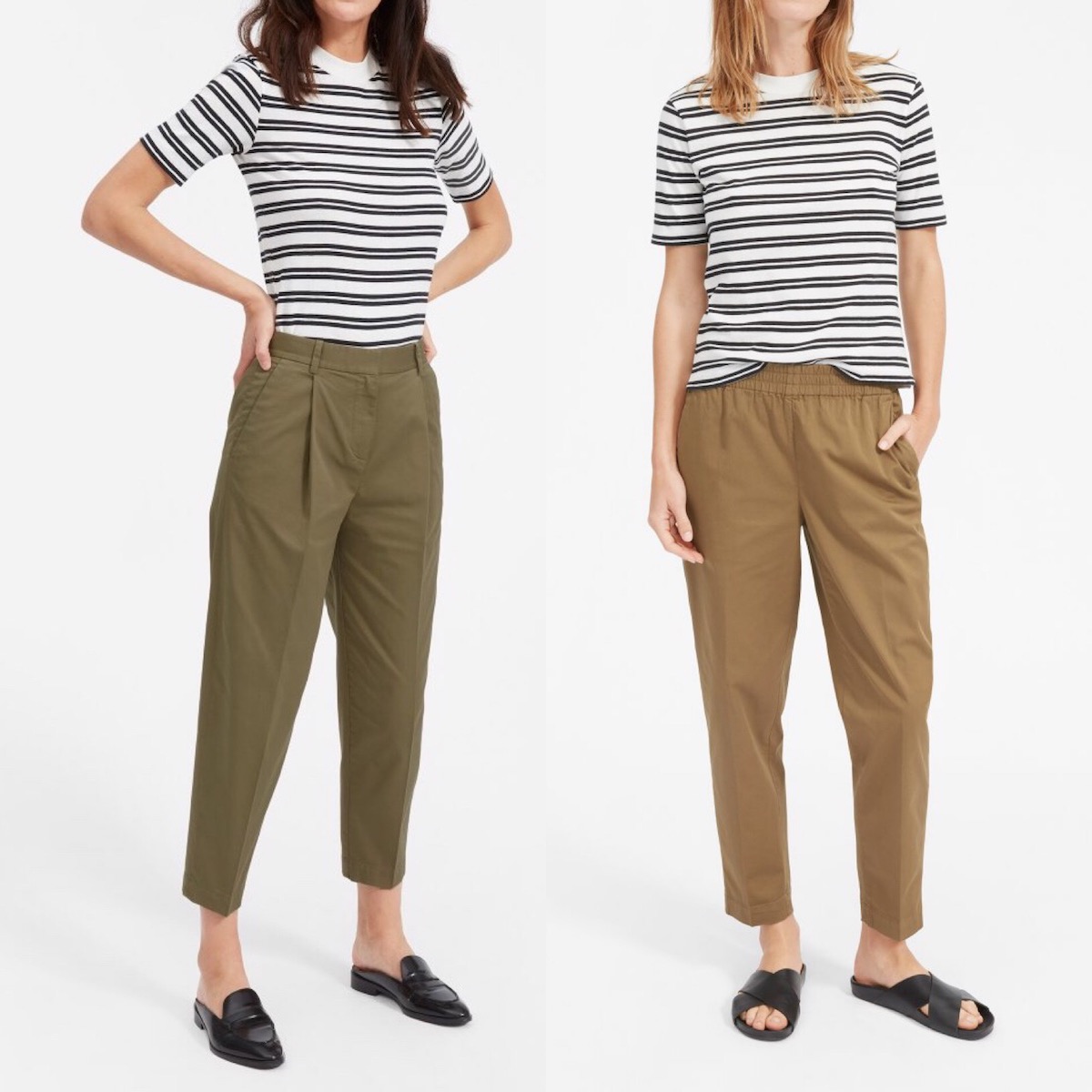 Everlane Slouchy Chino and Easy Chino Review: Models wear striped black and white shirts, olive or brown colored chinos, and black shoes. and chinos