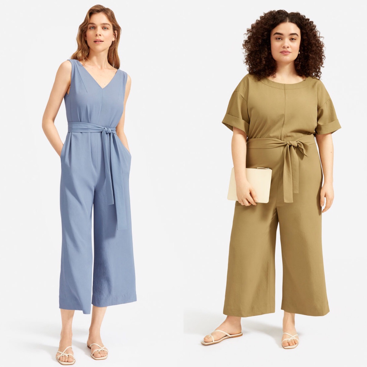 Everlane Japanese GoWeave Jumpsuit Review: Two models, shown side by side, wearing different jumpsuits. The first model is tall and skinny and wears a blue V-neck jumpsuit. The second model is curvier and has curly brown hair and wears a light olive jumpsuit with short sleeves. Both jumpsuits have wide legs.