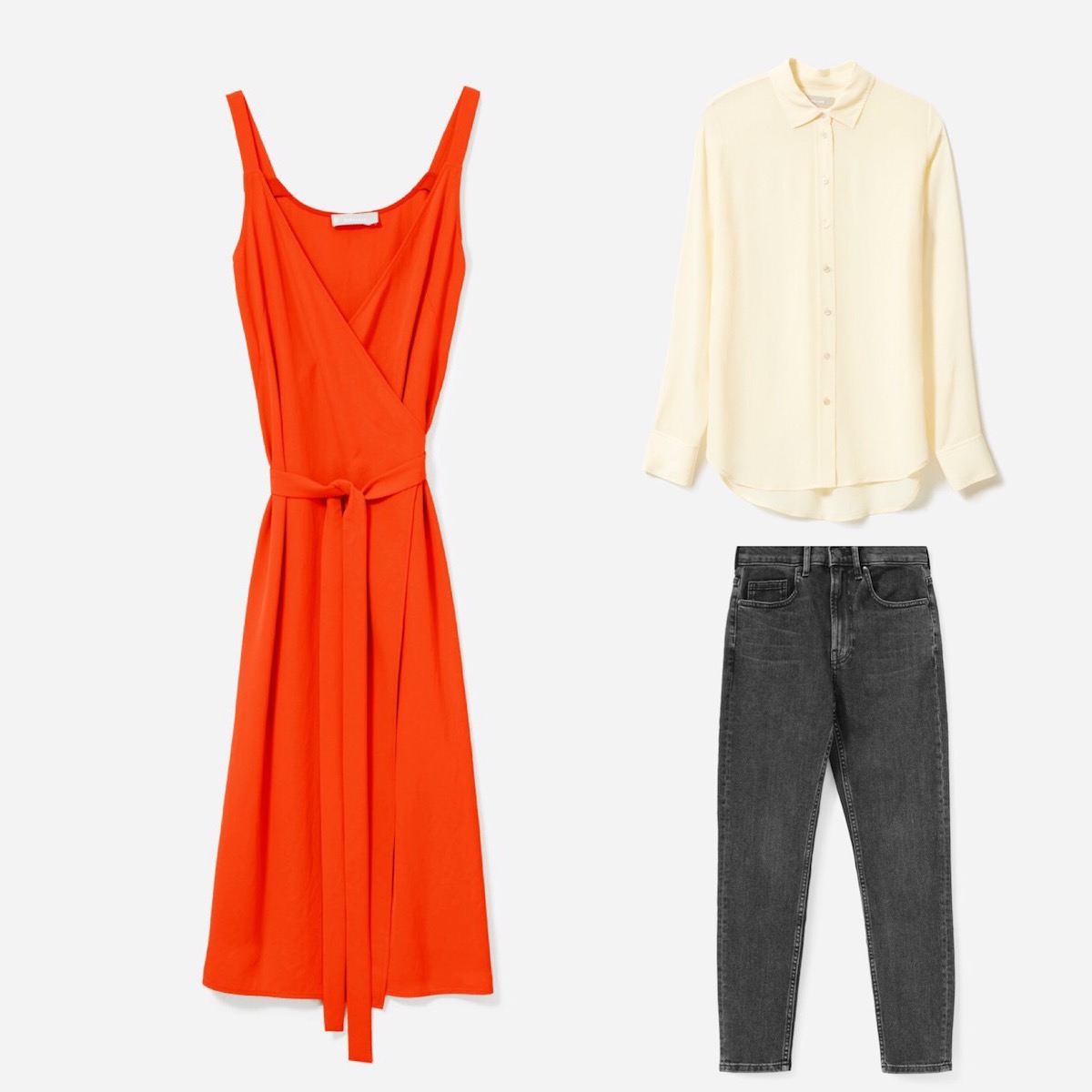 Everlane Choose What You Pay Sale: Product shot of three items against a white background: an orange red dress, a yellow silk shirt, and black jeans.