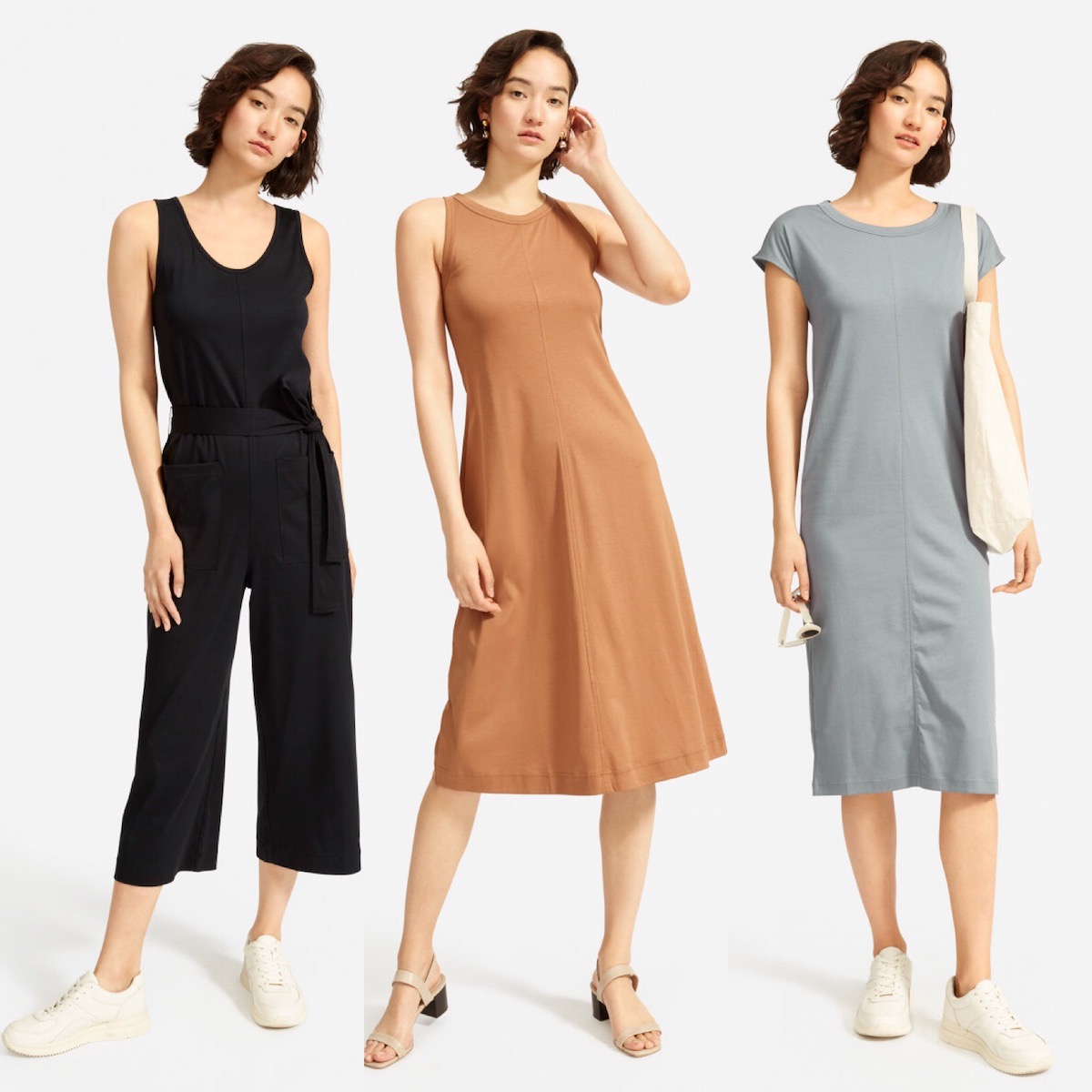 Everlane luxe cotton dresses review. The same model wears three different items: a jumpsuit and two dresses.