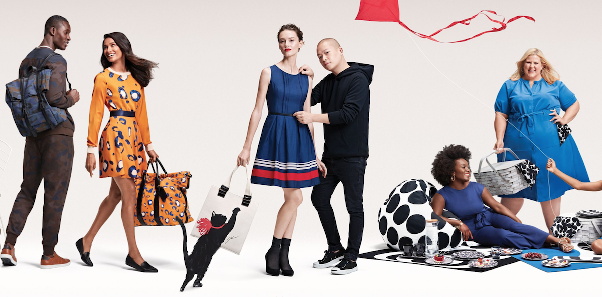 Target Design For All: A screenshot taken from the Target website showing people in Target designer collaboration items. A black man and brown woman in Phillip Lim animal print pieces stand with bags. A white model in a blue dress stands next to the designer Jason Wu who is wearing all black. People (two women, one black, one white) have a picnic with Marimekko items.
