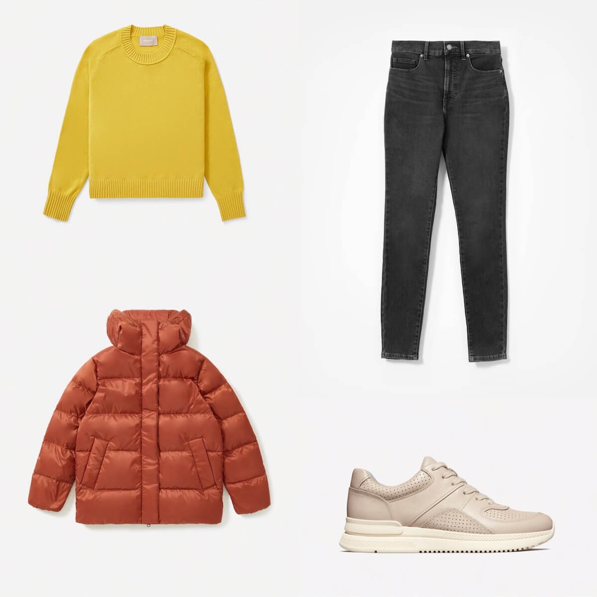 Four items from Everlane, including a yellow sweater, jeans, an orange puffy jacket, and sneakers.