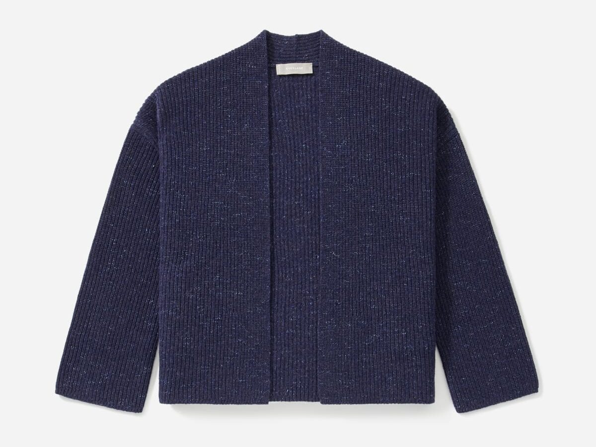 Product shot of the Twisted Merino Cardigan in blue