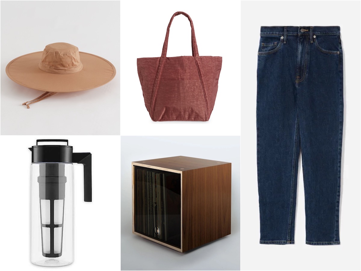 A collage of items I bought in November: a sun hat, Baggu Cloud bag, Everlane jeans, a Simple Wood Goods storage cube in walnut, and a Takeya cold brew pitcher.