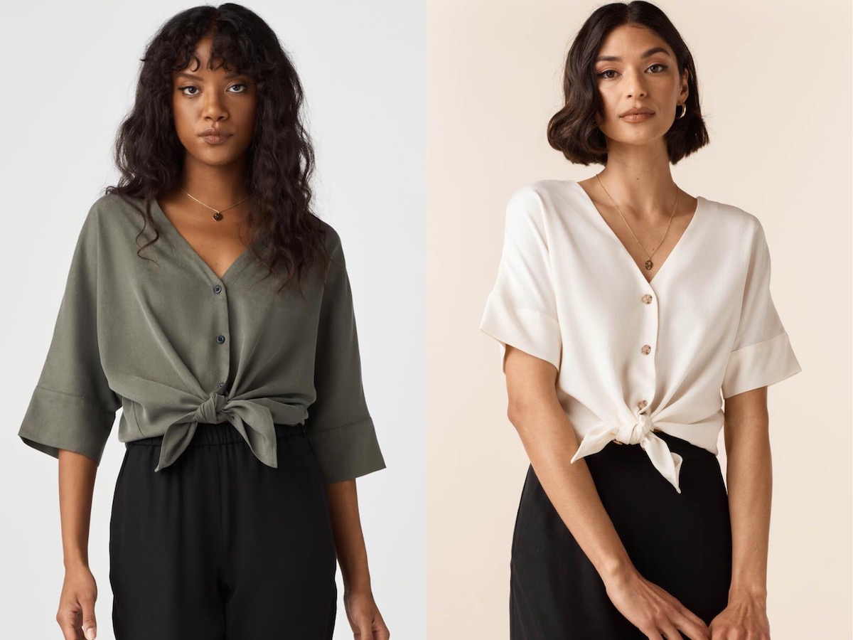 Two different women models, one Black, one brown, wear two different shirts, which are both tied at the front. One has longer sleeves than the other.