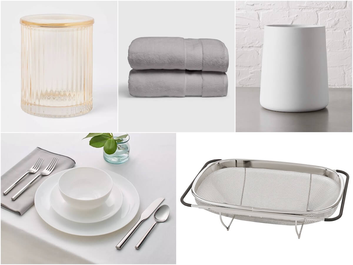 A collage of product photos: a glass bath canister, gray towels, a ceramic utensil holder, a stainless steel colander, and white dishes.