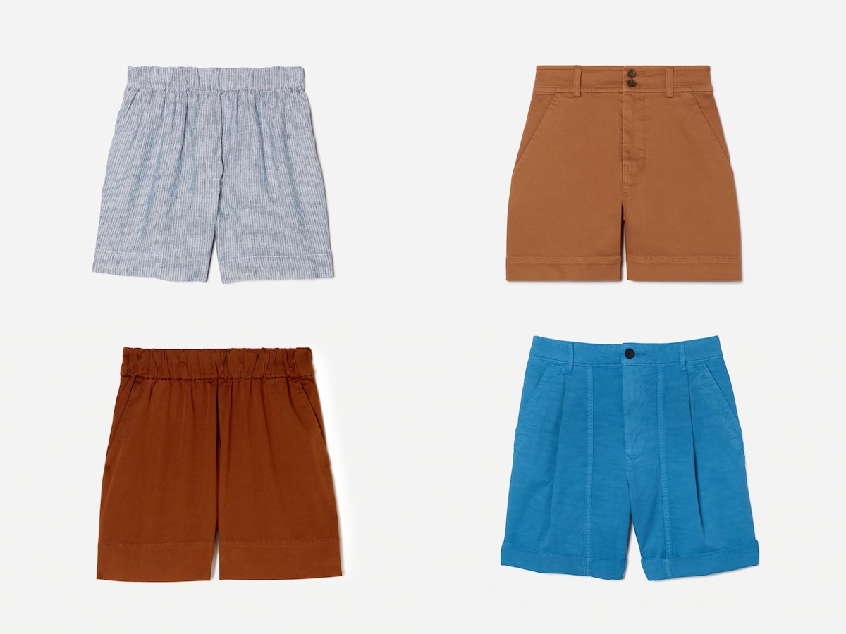 Four product shots of Everlane shorts. Two are blue and two are brown.