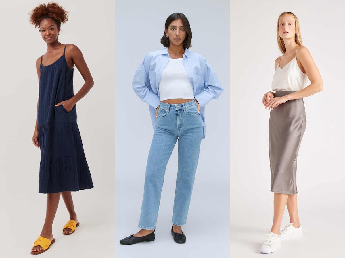 Three images of models wearing clothes: a black model in a blue Pact maxi dress, a brown model wearing Everlane jeans, and a white model wearing a silk camisole and skirt.