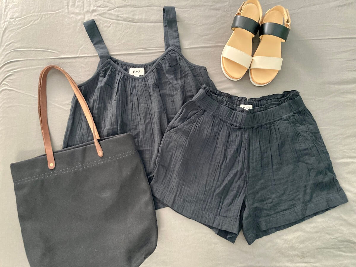 A tote bag, tank top, and shorts (all black) along with a pair of minimalist sandals on a gray background.