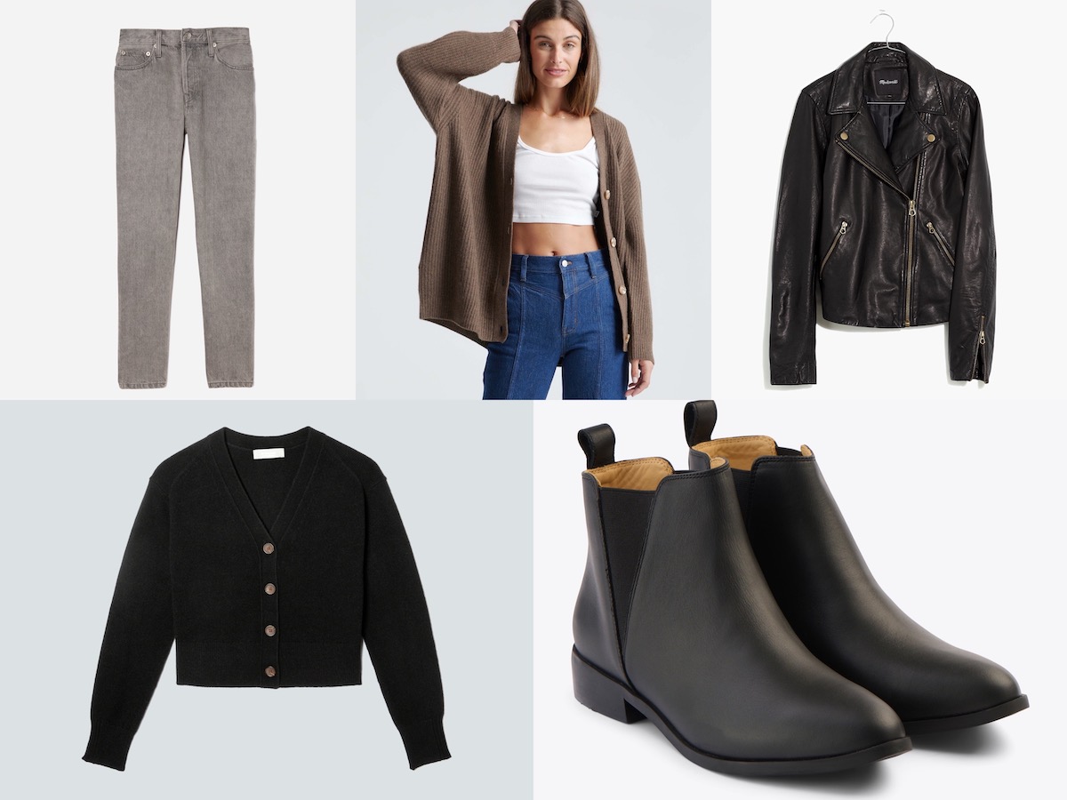 A collage of product photos featuring grey jeans, a brown oversized cardigan, a motorcycle jacket, black ankle boots, and a short black cardigan