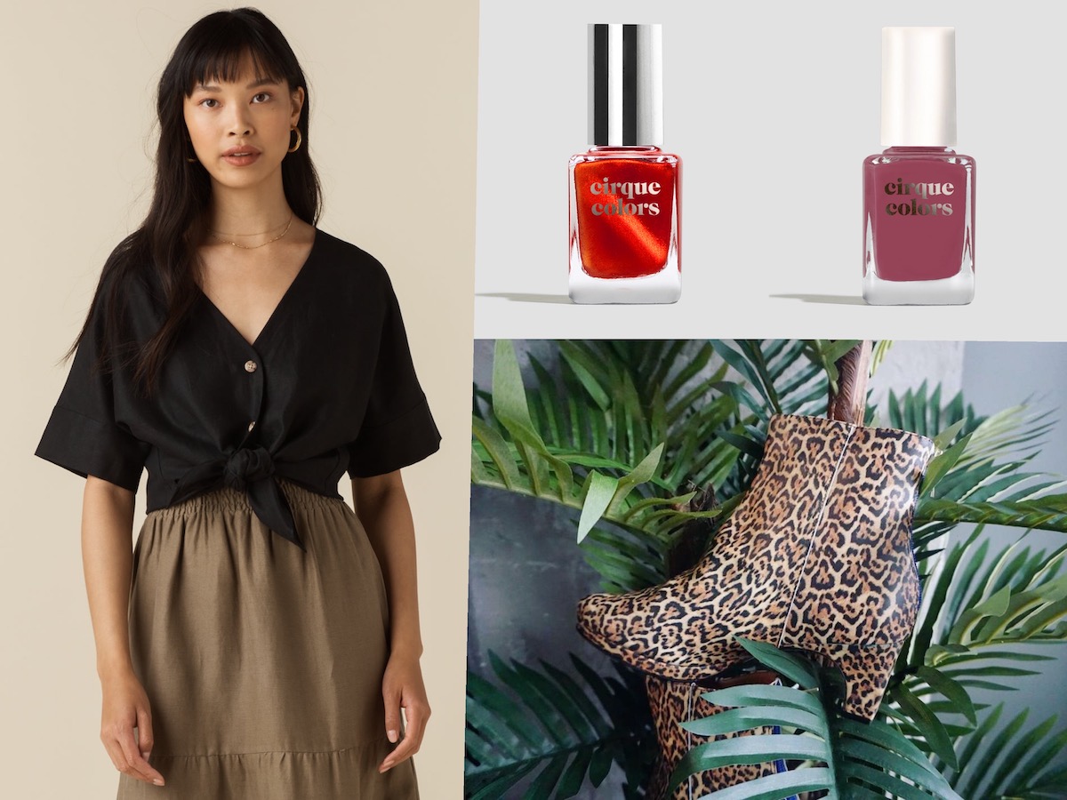 A collage of several products: a black shirt as worn by an asian model, two bottles of nail polish, and leopard print boots.