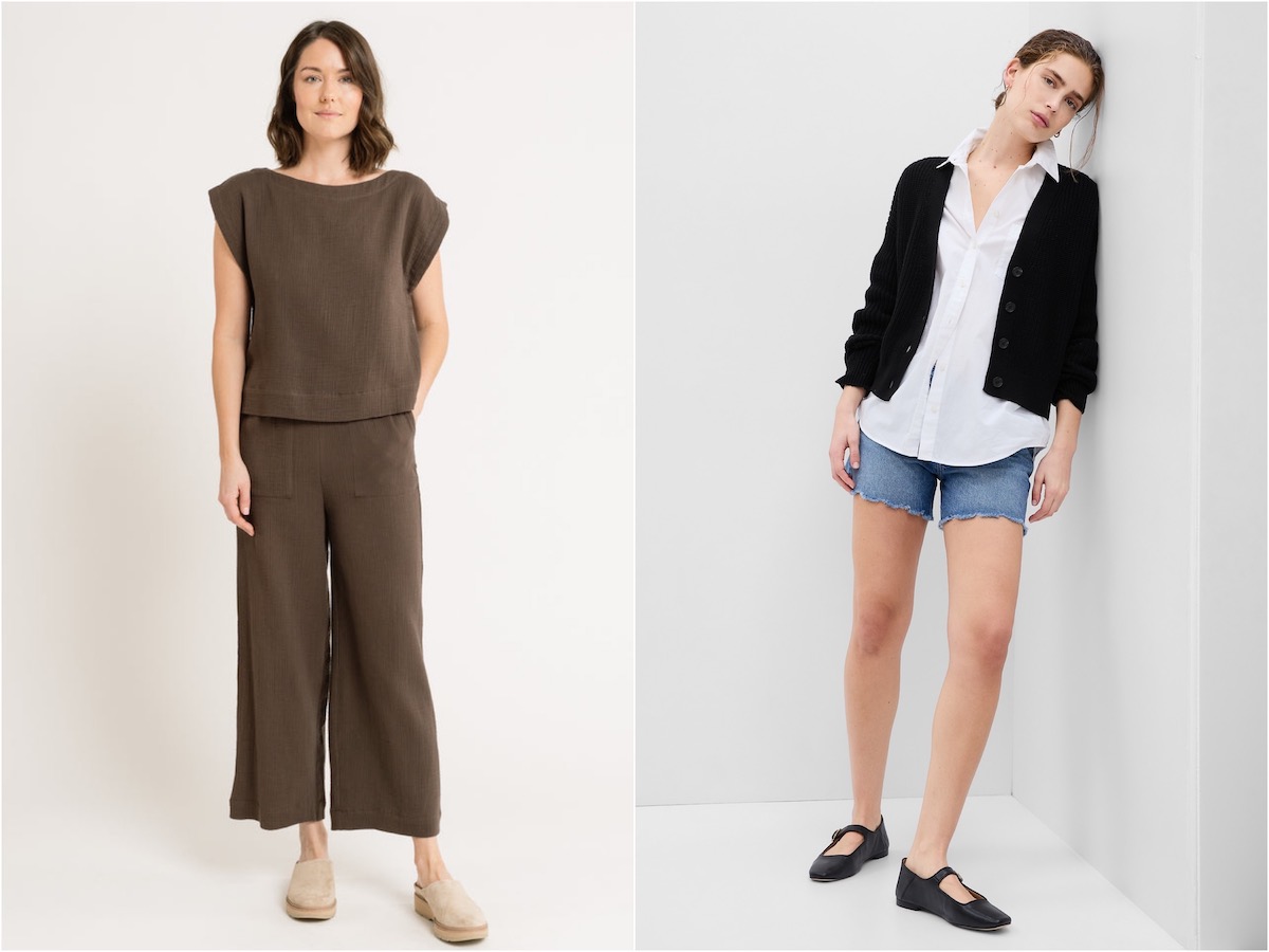 Two images of models. One is wearing a matching set of brown boxy top and pants. The other is wearing a short cardigan over a white shirt and shorts.