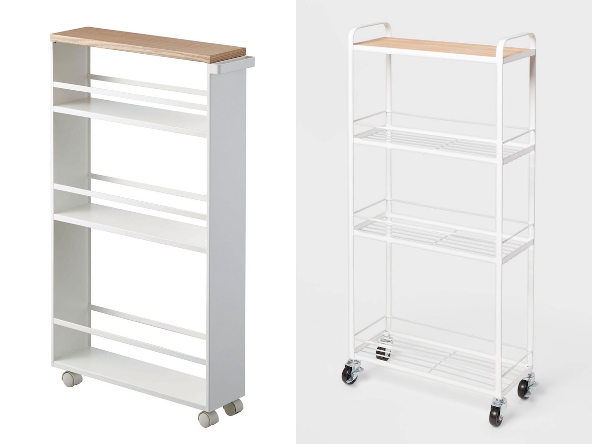 Two images of similar-looking rolling carts made of white metal with a wooden top