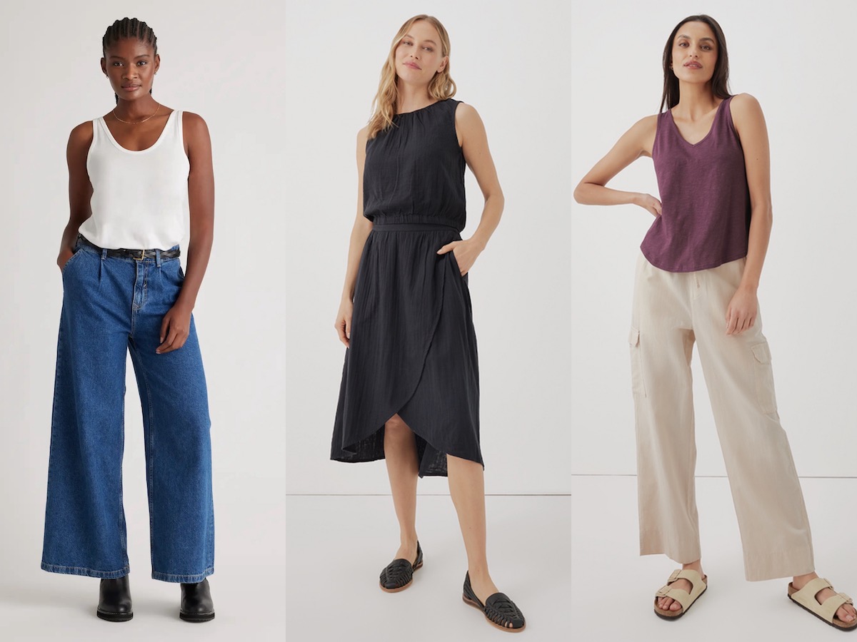 Three images of models posing in clothes: a black woman wearing a white tank top and wide legged jeans, a white blone woman in a black sleeveless top and midi skirt, and a white woman with brown hair wearing a purple tank top and white pants.
