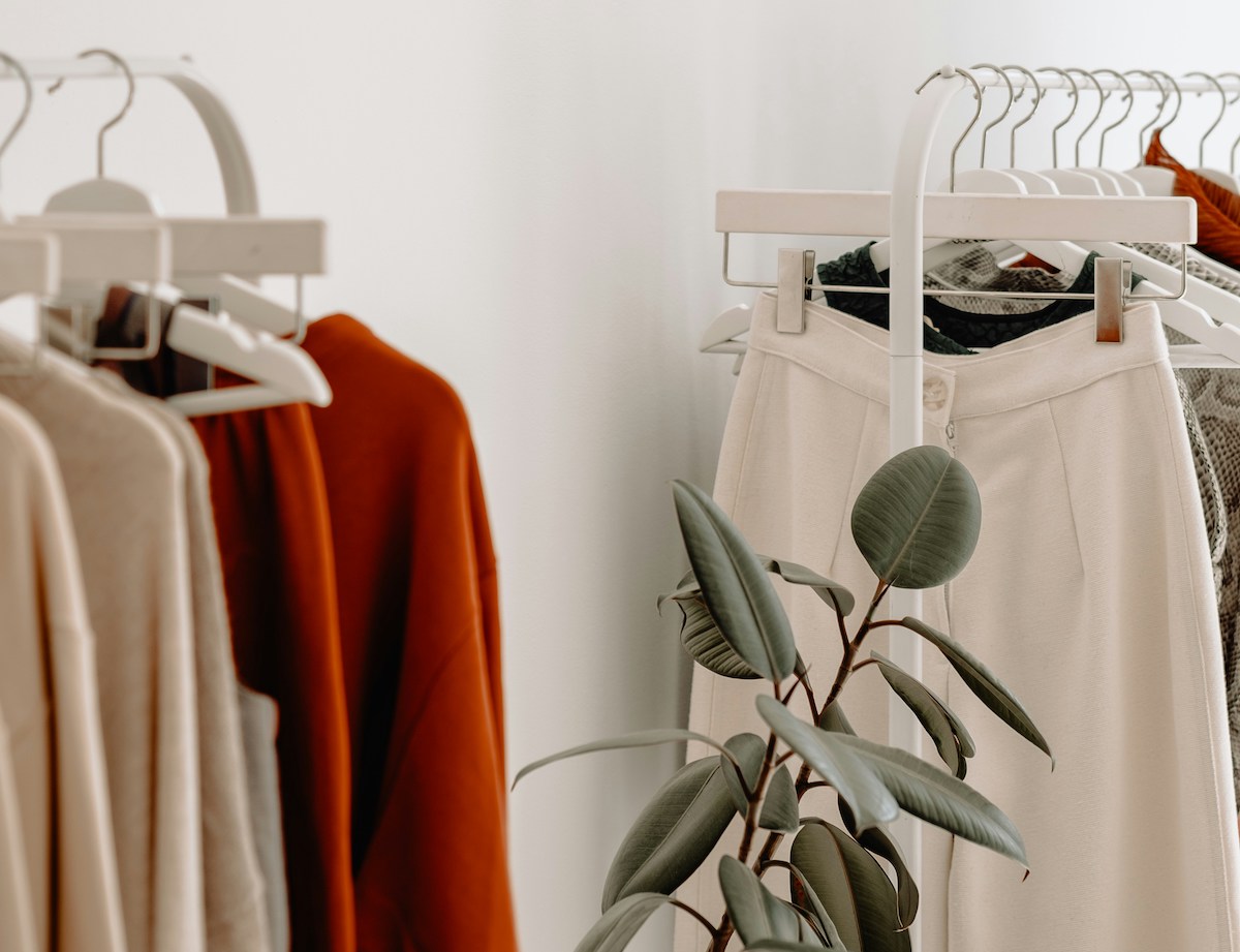 Clothing on clothes racks, a plant is in the foreground