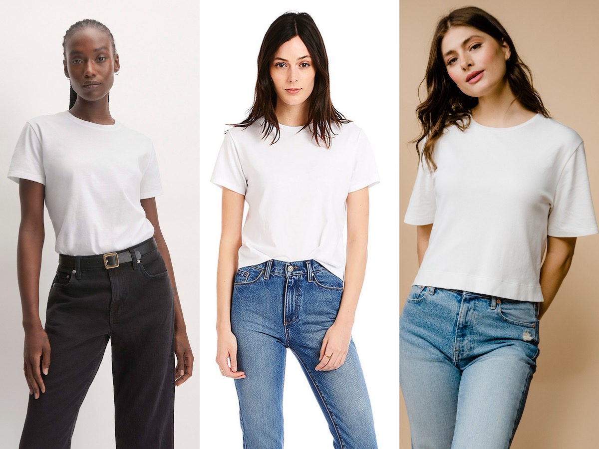 Three images of three different models wearing white boxy tees.