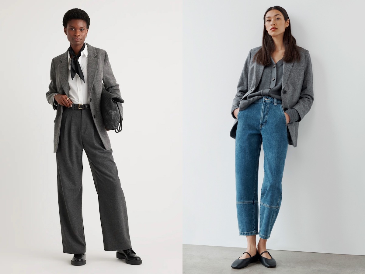 Two images of models wearing gray wool blazers