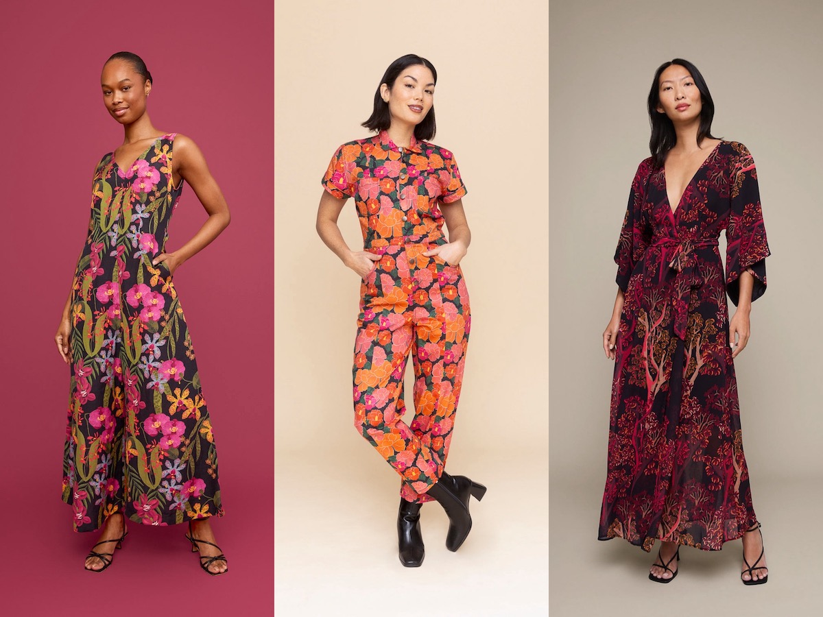 Three images of three different models wearing jumpsuits or dresses with bold, colorful nature-inspired prints.