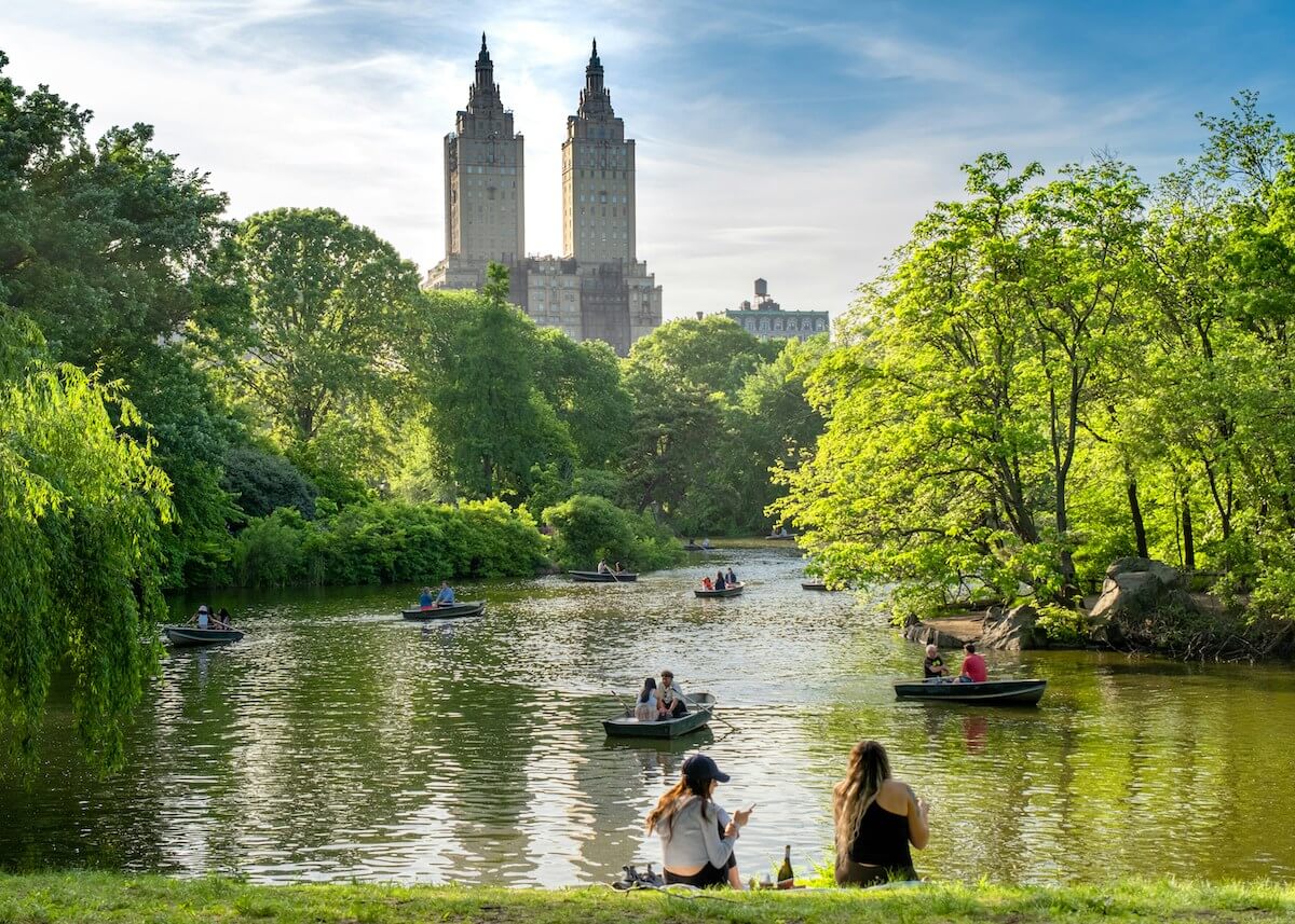 A view of people in row boats on the lake in Central Park.