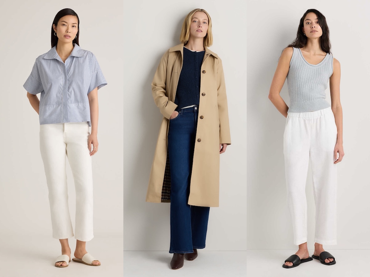 Three images of models wearing various clothes from Quince: an East Asian model in a blue boxy poplin shirt, a white model with blond hair wearing a khaki mac count, and a brown-haired model wearing a sweater tank.